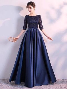 Evening Dresses Dark Navy Long Prom Dress Lace Satin Bow Sash Half Sleeve Formal Gowns Short Sleeve Prom Dresses, Prom Dress Lace, Cheap Party Dresses, Bow Sash, Gaun Fashion, Fabric Embellishment, Long Dress Design, Occasion Dresses Wedding, فستان سهرة