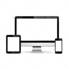 three electronic devices with white screen and black one on the left side - stock photo - images