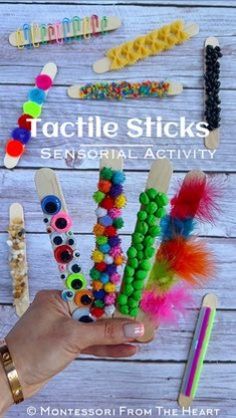 a person holding up several colorful sticks with different colored beads on them and the words, tactile sticks seasonal activity