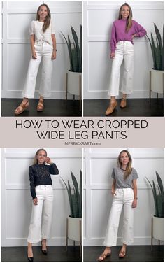 White Trousers Wide Leg Outfit, Wide Leg Pants Outfit White, Cream Crop Jeans Outfit, White Cropped Wide Leg Jeans Outfit Summer, Wide Leg Utility Pants Outfit, Cream Cropped Wide Leg Jeans Outfit, White Pants Wide Leg Outfit, High Rise Wide Leg White Jeans Outfit, Cropped White Wide Leg Jeans Outfit