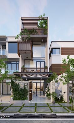 an artist's rendering of a two story house with balconies and plants on the balcony