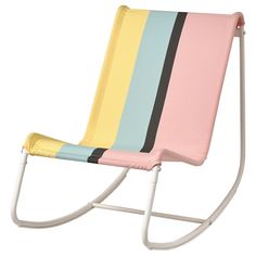 a multicolored rocking chair with white frame and foot rests on a white background