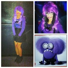 two pictures of a woman with purple hair and monster costume, one is dressed as an alien