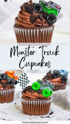 monster truck cupcake Monster Truck Cake Pops, Monster Jam Cupcakes, Boy Cupcake Ideas, Boy Birthday Cupcakes, Truck Party Food, Diy Monster Truck, Monster Truck Cupcakes, Easy Birthday Desserts, Monster Truck Birthday Cake