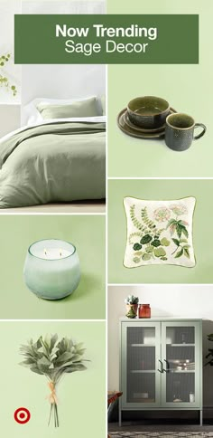 green and white bedroom decor with plants on the wall, candles in vases, bedding