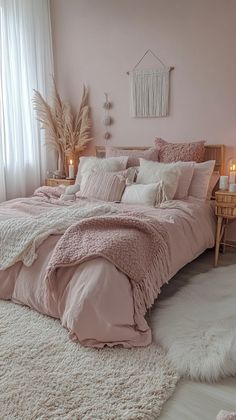 a bed with pink sheets and pillows in a bedroom next to a white rug on the floor