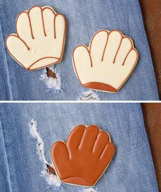 two pictures showing how to make baseball gloves out of cookies