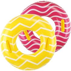 two inflatable swimming rings are shown on a white background, one is pink and the other is yellow