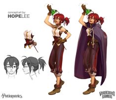 the concept art for an animated character is shown in three different poses, including a woman with