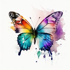 a colorful butterfly painted in watercolor on a white background with splots and spots