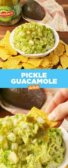 guacamole dip with pickles and chips on the side