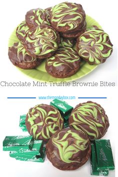 chocolate mint turtle brownie bites are on a green plate and next to each other