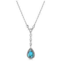 Elevate any outfit with the Delicate Cascade Turquoise Necklace. This piece is perfect to wear on its own or pair with other necklaces for added flair. The 19 inch adjustable chain meets in the center for a stunning design. Clear cubic zirconia crystals drop below the center in a line to a teardrop shaped turquoise stone surrounded by a brilliant silver tone. Stone color may vary. All Montana Silversmiths jewelry and accessories are coated with Montana Armor to prevent tarnish. The necklace has a lobster clasp for ease of use. Elegant Teardrop Turquoise Necklace, Elegant Sterling Silver Turquoise Dangle Necklace, Elegant Turquoise Teardrop Pendant Drop Necklace, Montana Silversmith Jewelry, Accessories Jewelry Necklace, Crystal Drop, Women Accessories Jewelry, Turquoise Stone, Jewelry And Accessories