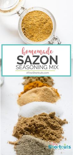 homemade sazonni seasoning mix is shown in three different bowls