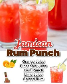 an advertisement for jamaican rum punch with orange juice, pineapple juice and fruit punch