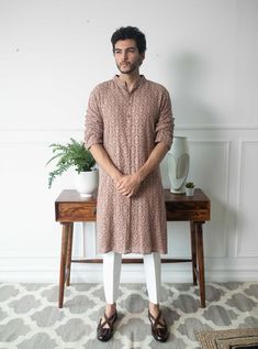 Kurtha Designs For Men Wedding, Brown Chikankari Kurta, Man Kurta Designs Style, Kurta Ideas Men, Mens Ethnic Wear Kurta, Men Kurta Designs Style, Kurta Outfit