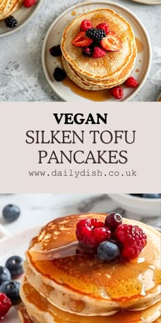 vegan pancakes with berries and blueberries on top are shown in this collage