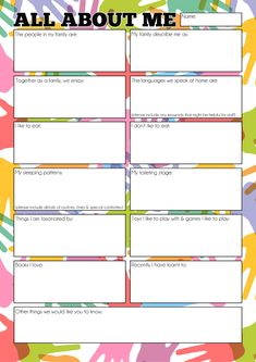 all about me worksheet with colorful handprints on the back and bottom