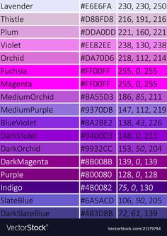 the names and numbers of different types of purple, pink, and blue hues