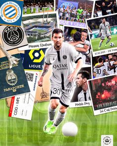 a collage of soccer players with many different sports related items in the background and on top of each other