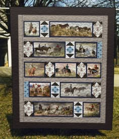 a quilt with pictures of horses and riders on it's sides in the grass