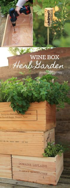 the wine box herb garden is made from wooden crates