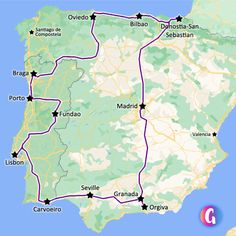 a map showing the route from madrid to santiago de alcalada, and other cities