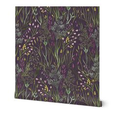 a purple and green floral wallpaper with lots of small flowers on the bottom half