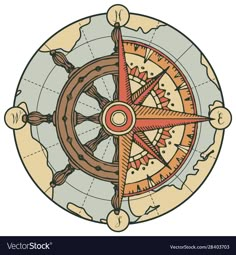 an old compass in the middle of a circle with stars and circles on it's sides