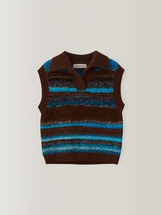 a brown sweater with blue and black stripes