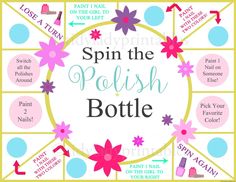 Spin the Nail Polish Bottle Printable Game, Girls Party Game, Spa Party, Beauty Party, Sleepover Game, Nail Painting Game - INSTANT DOWNLOAD Pijamas Party Ideas, Girls Party Games, Party Sleepover, Nail Polish Bottle, Slumber Party Games, Kids Spa, Spin The Bottle, Sleepover Birthday Parties, Girl Sleepover