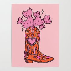 an orange cowboy boot with pink hearts and flowers on it's toe is featured against a pink background