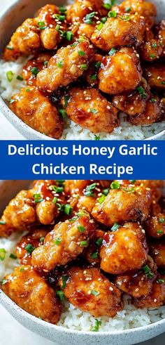 delicious honey garlic chicken recipe in a bowl with rice and garnish on the side