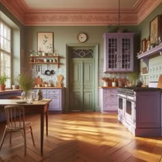 an old fashioned kitchen with purple cabinets and wood flooring is pictured in this image