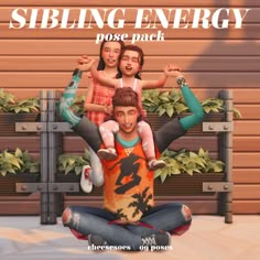 a man sitting on top of a woman in front of a building with the words sibling energy pose each