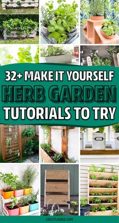 many different types of plants and herbs in wooden crates with text overlay that reads, 32 - make it yourself herb garden