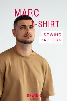 a man wearing a brown t - shirt with the words sewing pattern on his chest