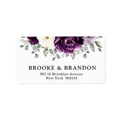 a purple and white floral wedding address sticker on a white background with the words, brooke & brandon