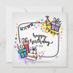 a birthday card with gift boxes and confetti