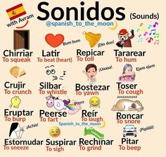 a poster with words and pictures on it that say, sonidos spanish to the moon