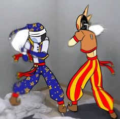 two cartoon characters are dancing in the room