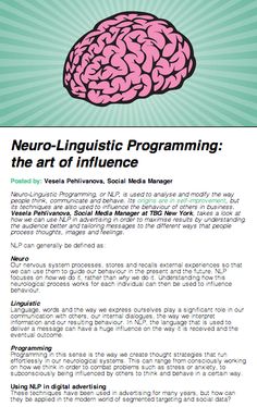 the front page of an article about neuro - lingisticic programming, featuring a pink brain