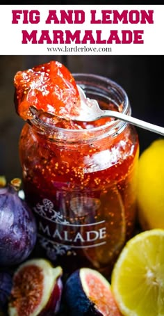 fig and lemon marmalade in a mason jar with fresh fruit around it