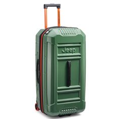 the green suitcase is on wheels and has an orange stripe down the side, while it's attached to a black handle