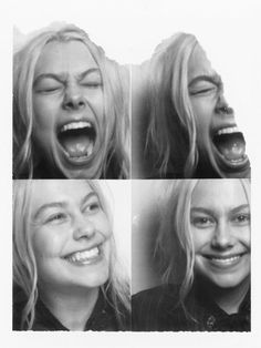 four different pictures of a woman with her mouth open and teeth wide open, laughing