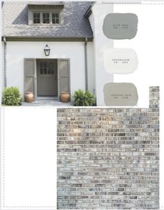 the exterior of a white brick house with gray paint samples in different shades and sizes