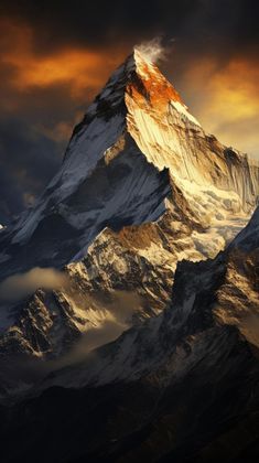 a very tall mountain covered in snow under a cloudy sky with clouds and sun shining down on it