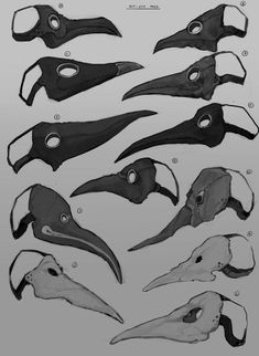 some different types of masks and beaks in black and white ink, with various angles to