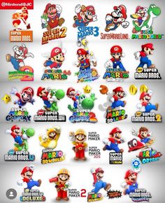 the super mario bros characters are all in different colors and sizes, including red, green,