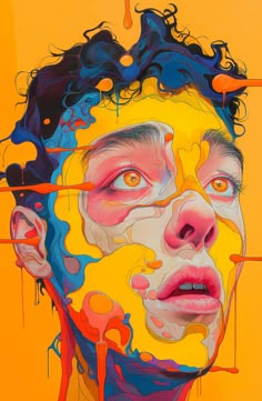 a painting of a man's face with orange and blue colors